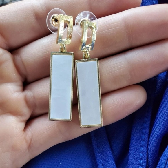 Geometric Rectangular White & Gold Drop Earrings | Minimalist Statement Jewelry - Picture 14 of 16